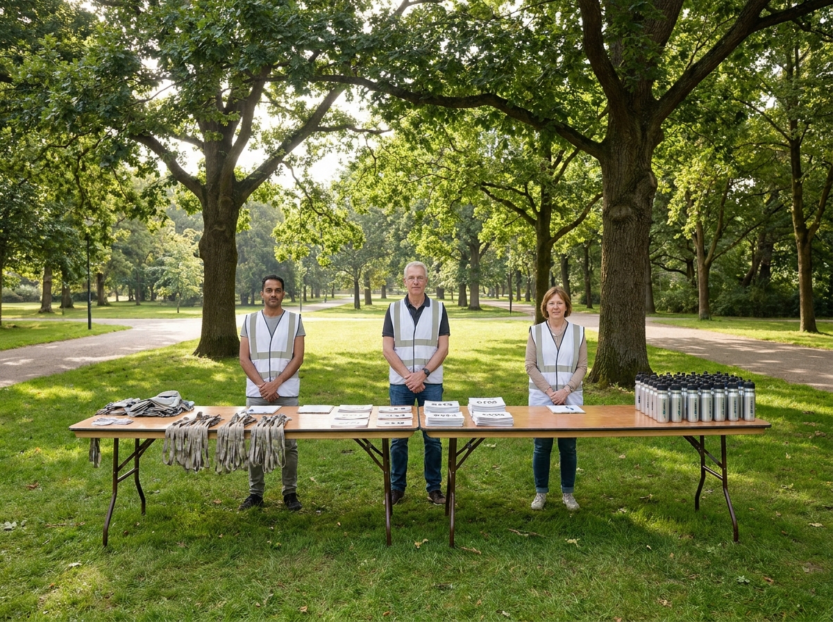 An organized registration area for a walking event before participants arrive.