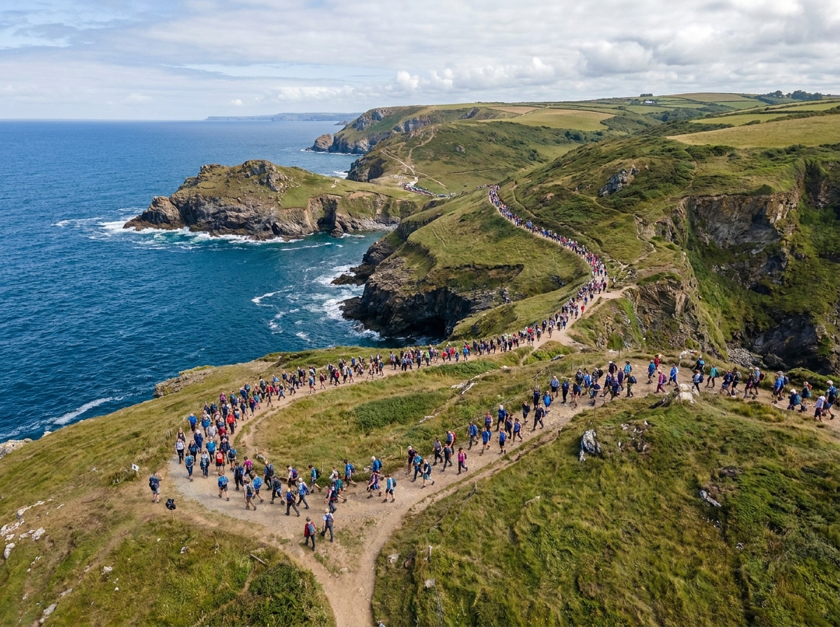 Aerial view of participants in a walking event on a beautiful coastal trail.