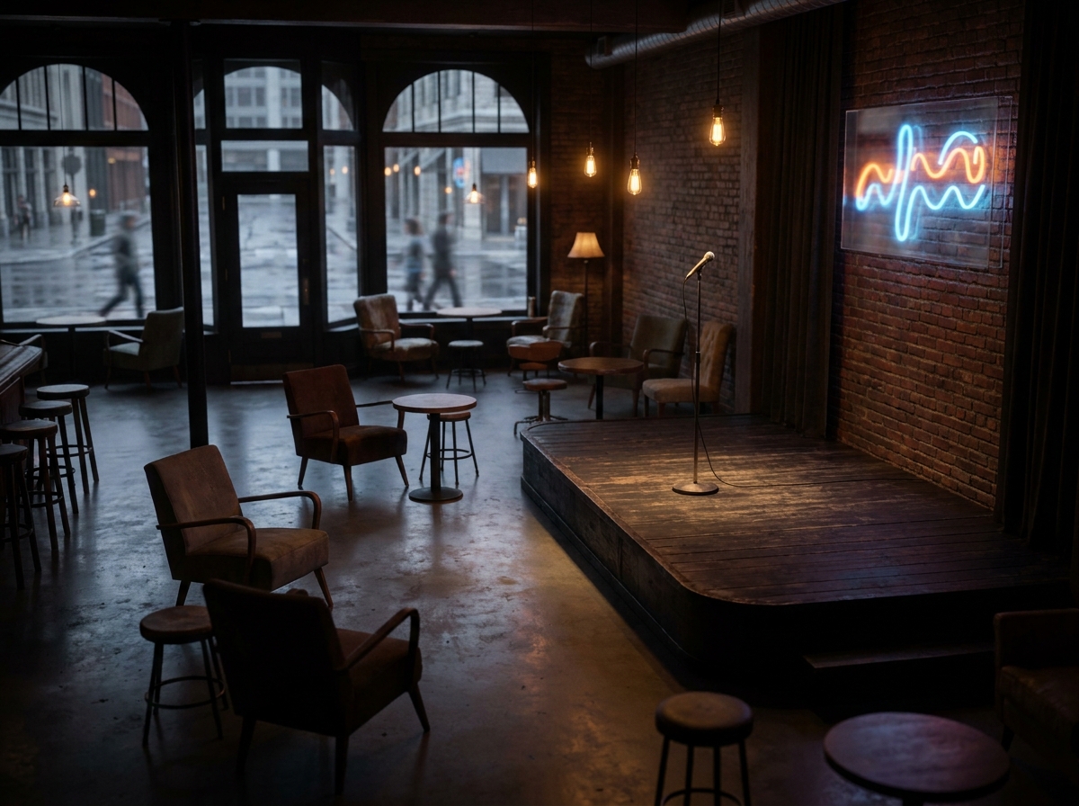 A small, empty stage in a Washington bar prepared for a comedy night.