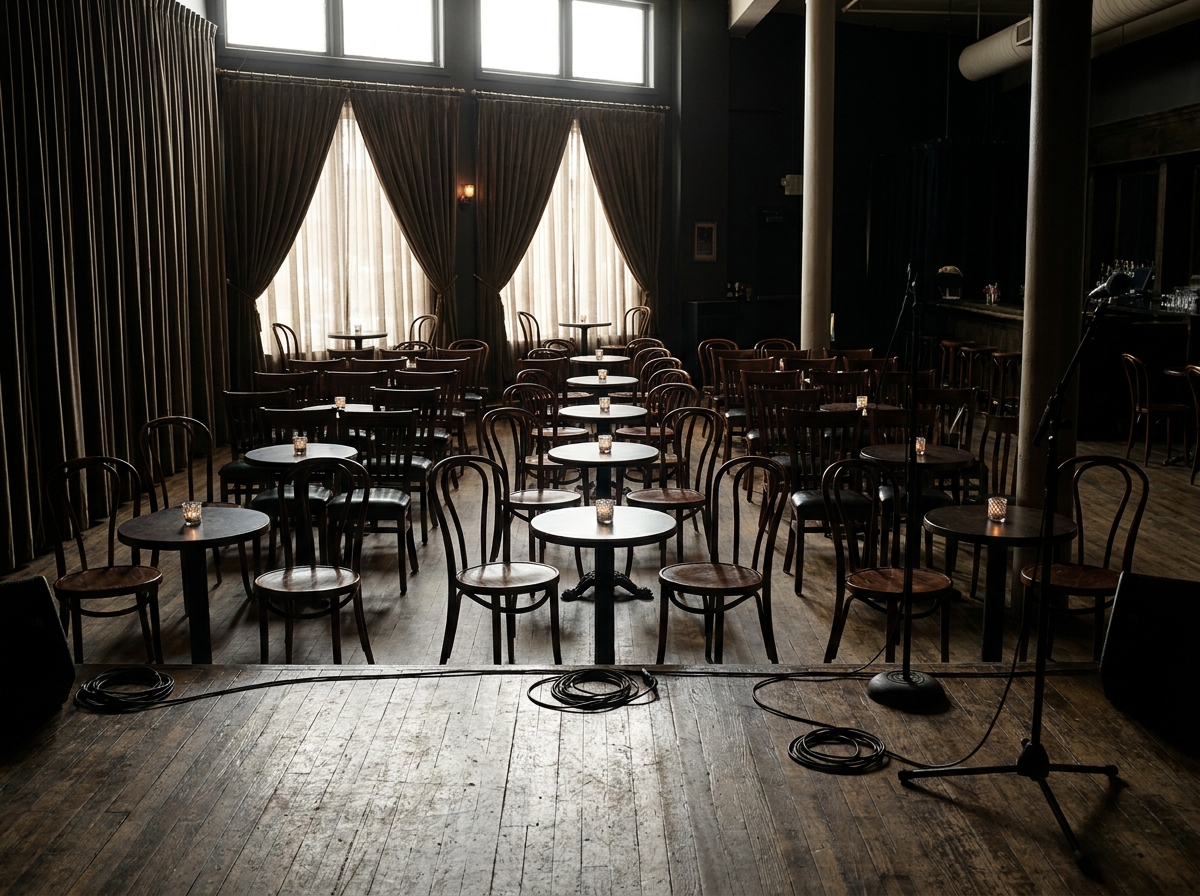 View from the stage of an empty comedy club in Washington, DC before the show.