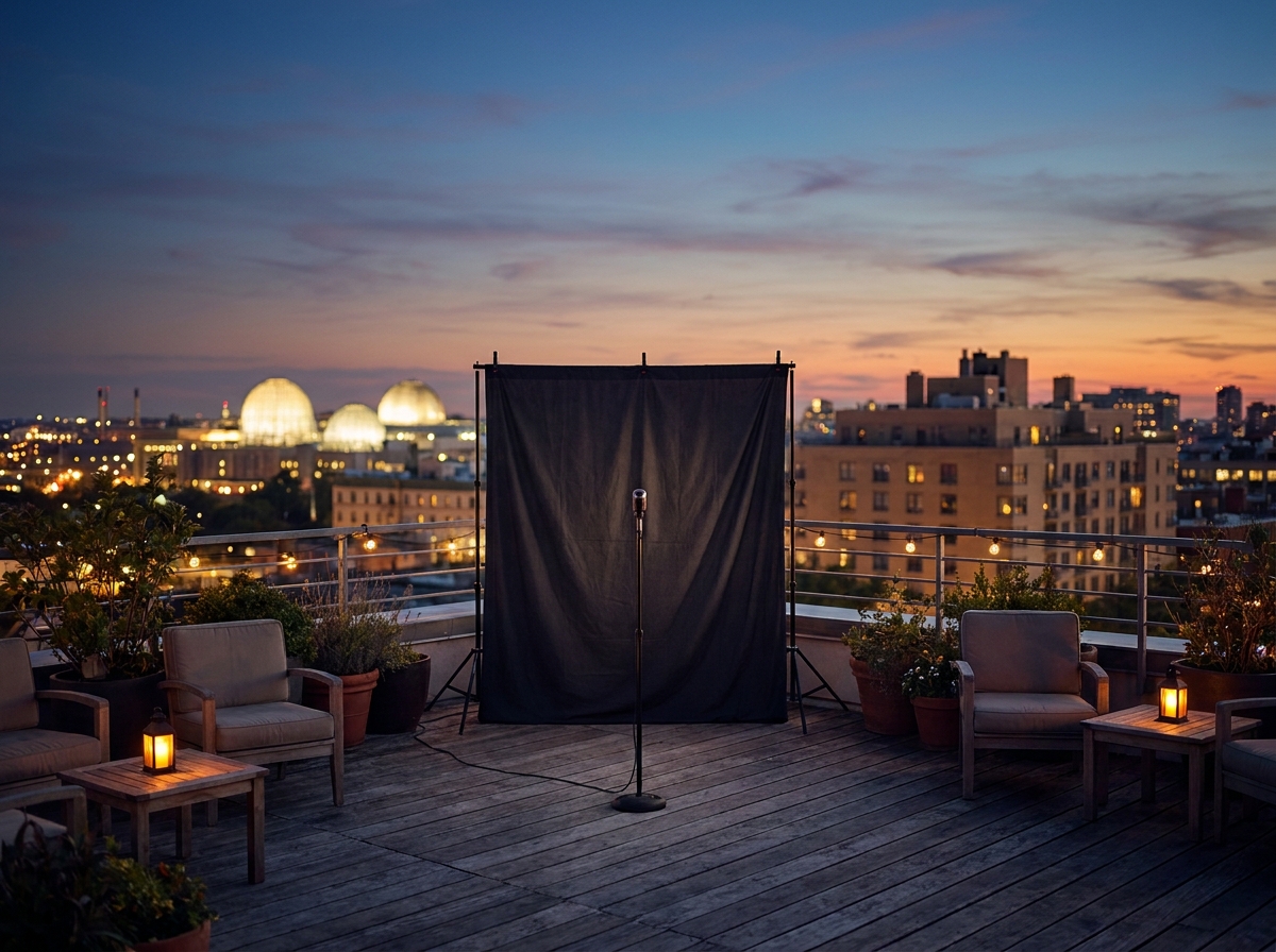 An outdoor stage set for a comedy show with the Washington skyline in the background.