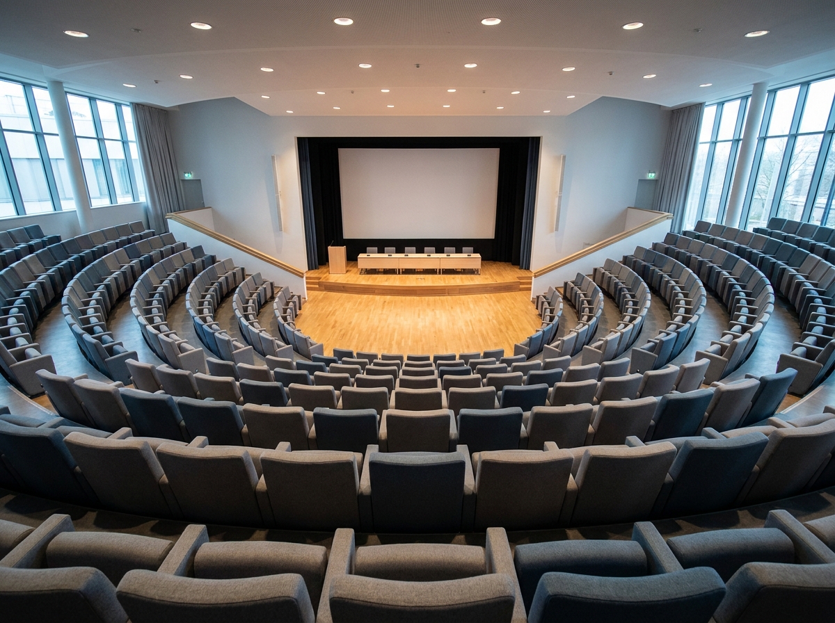An empty, modern conference hall in Washington, DC, ready for a professional event.