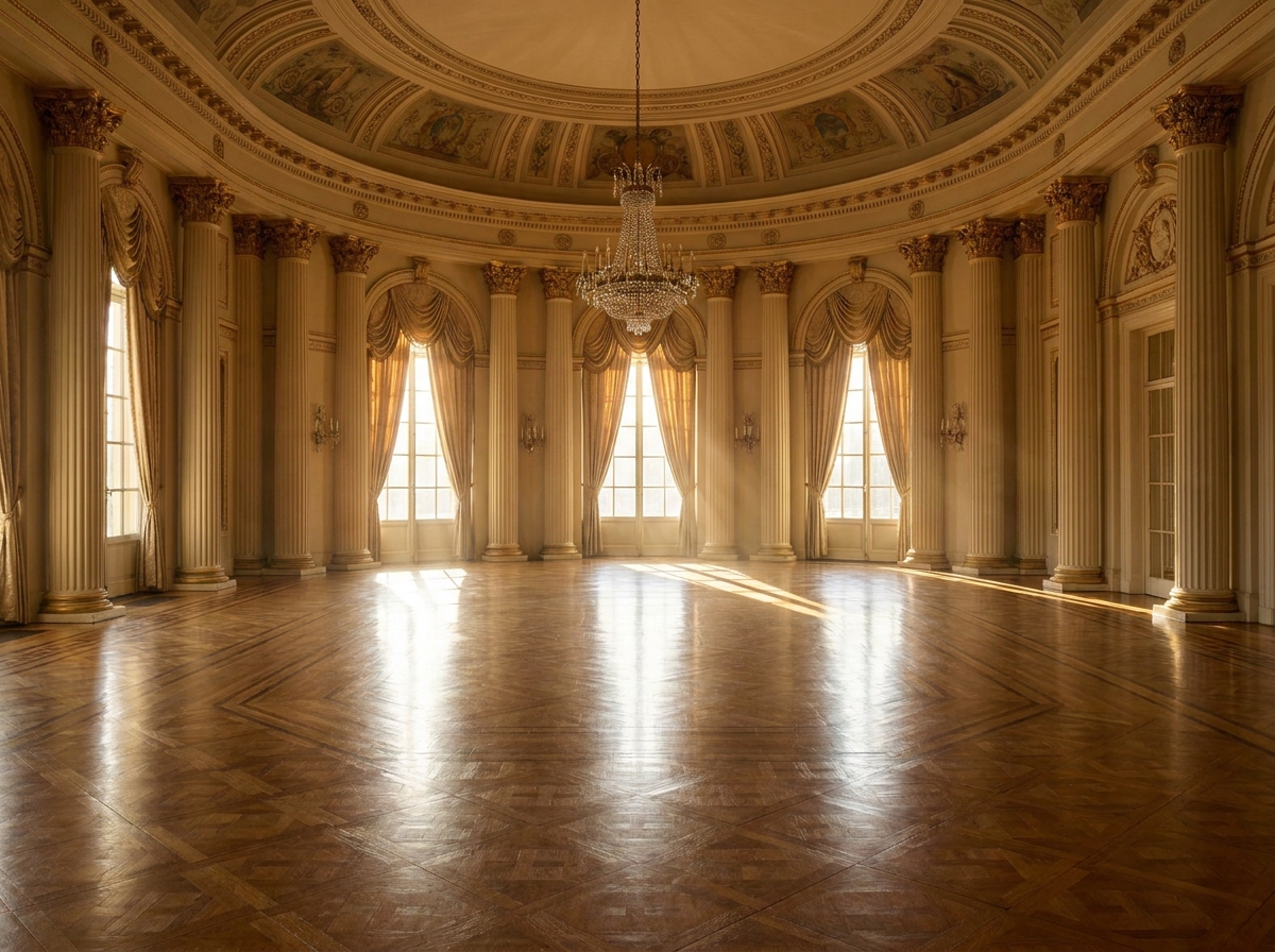 An elegant, historic ballroom in Washington set up for a formal event.