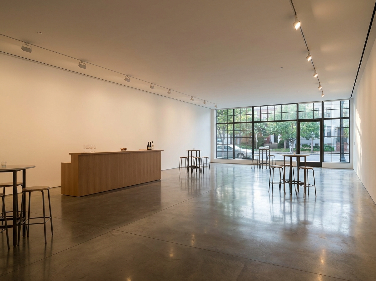 A modern gallery space in Washington, DC, prepared for an evening reception.