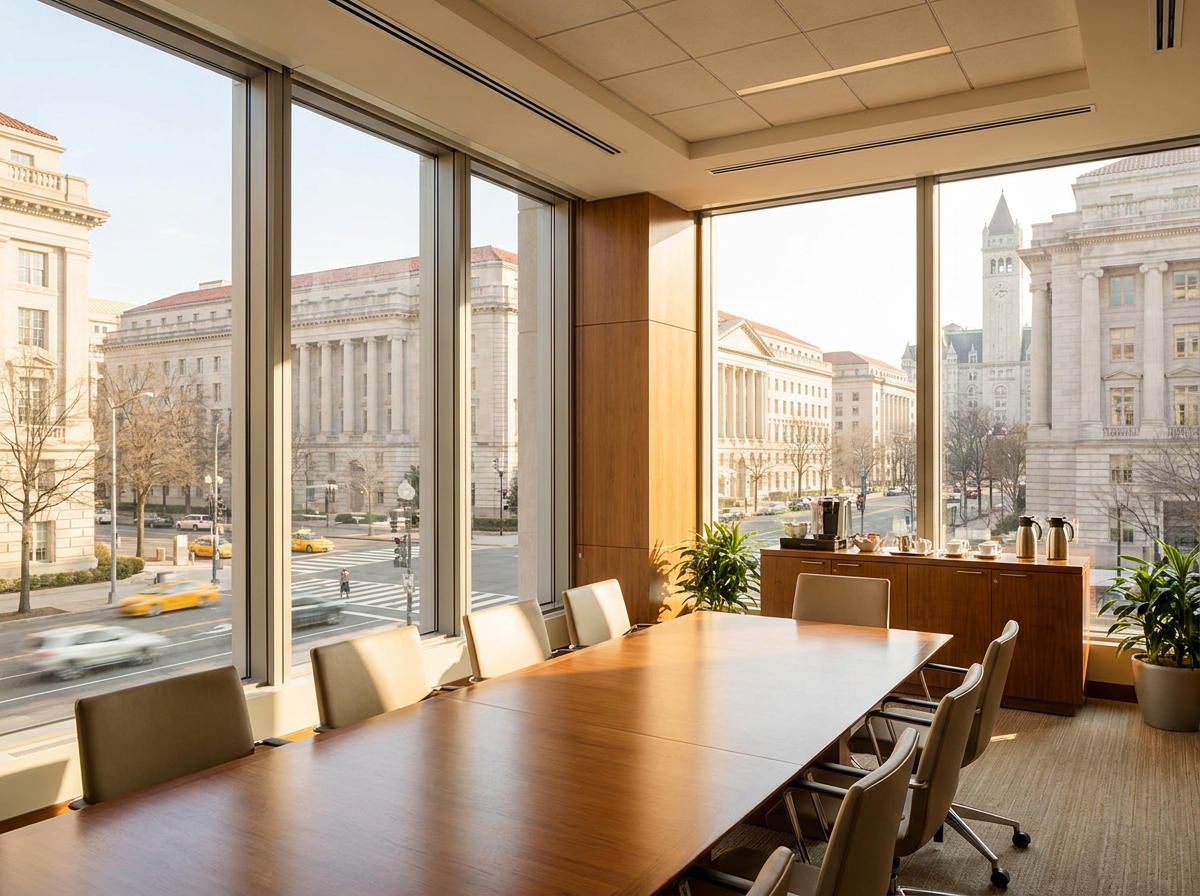An empty, modern conference room overlooking a Washington, DC street, set for a business event.