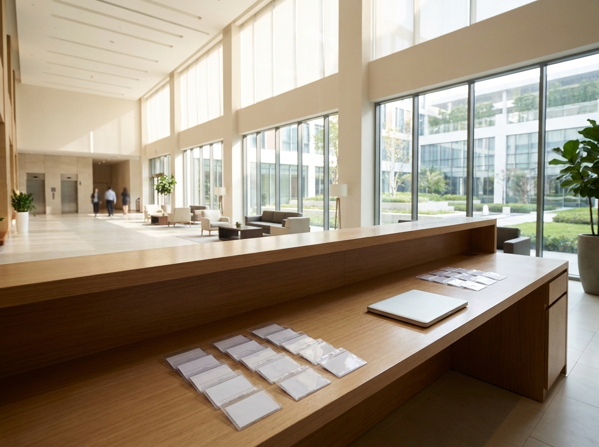 An empty registration desk with name badges ready for a professional networking event.