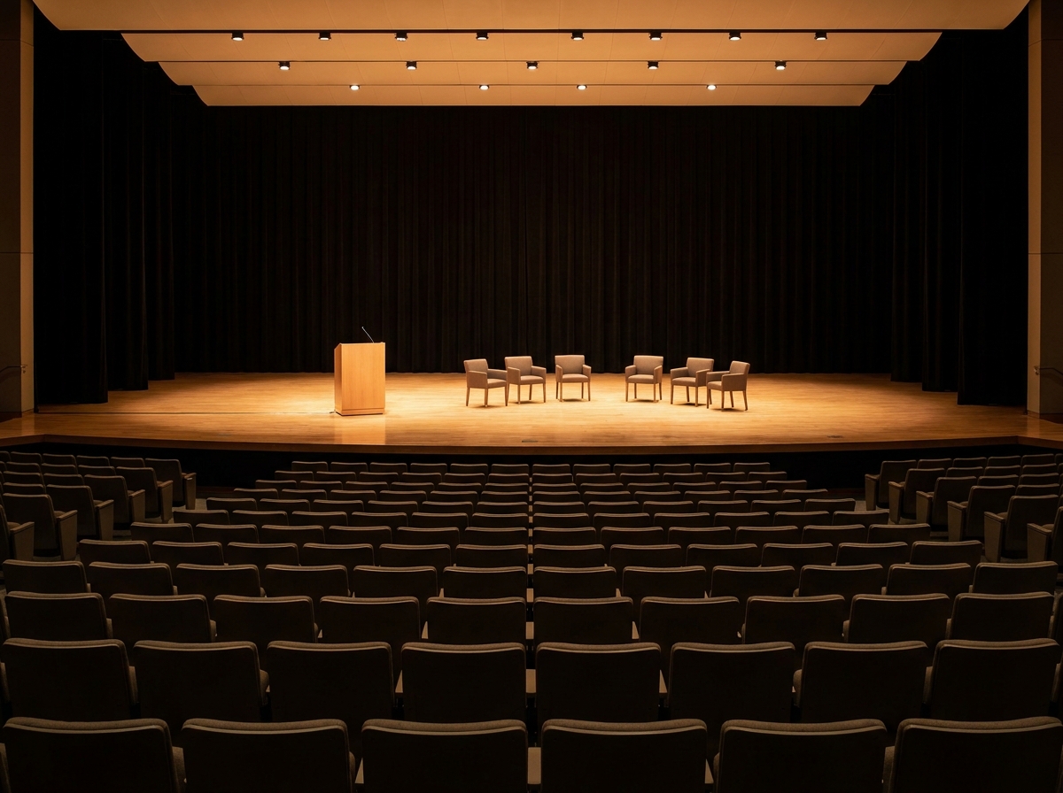 An empty stage set for a panel discussion at a business event in Washington.