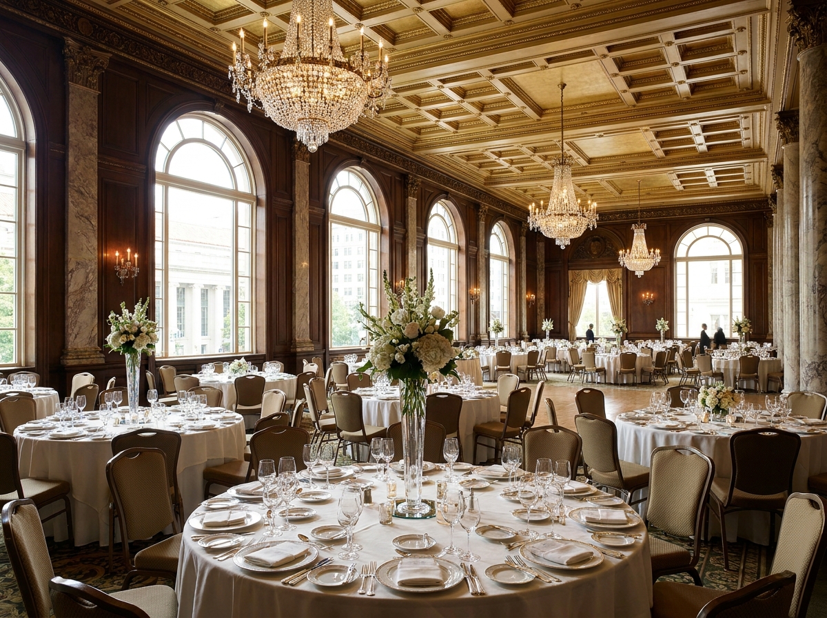 A historic ballroom in Washington, DC, set for a professional networking dinner.