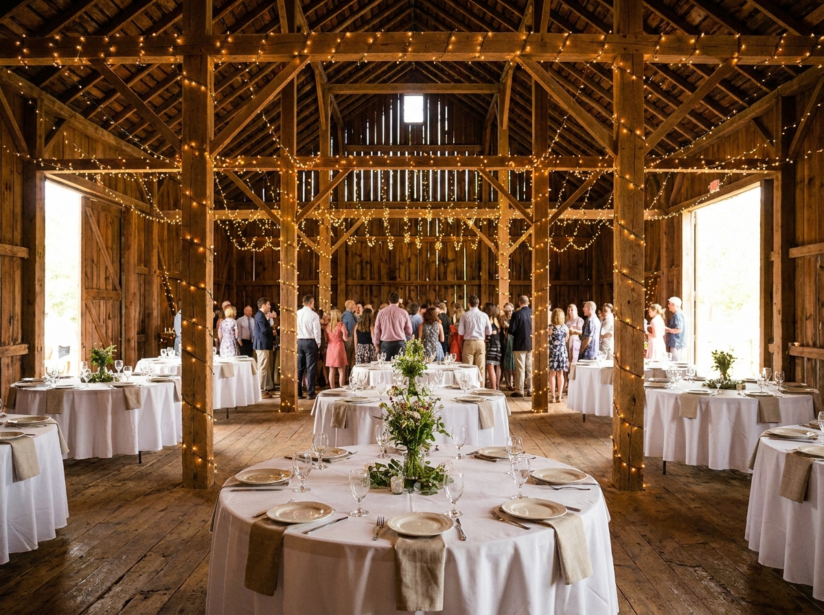 A rustic barn venue prepared for a wedding reception.