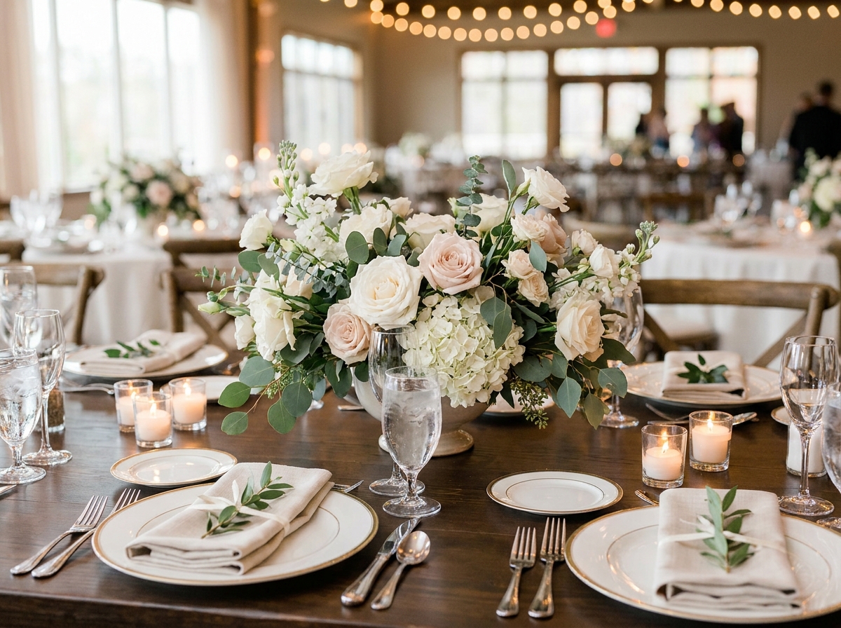 Elegant place setting and centerpiece at a wedding celebration.