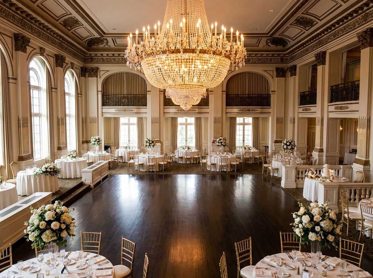 A beautiful empty dance floor awaiting guests at a wedding reception.