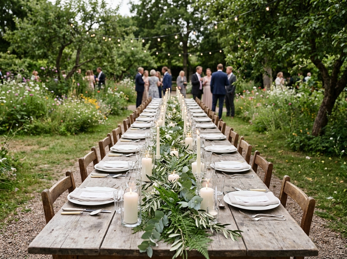 A banquet table set for an outdoor wedding celebration.