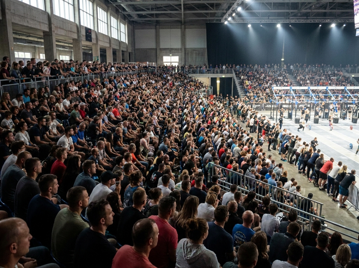 A crowd of spectators watching a weightlifting competition from the stands.