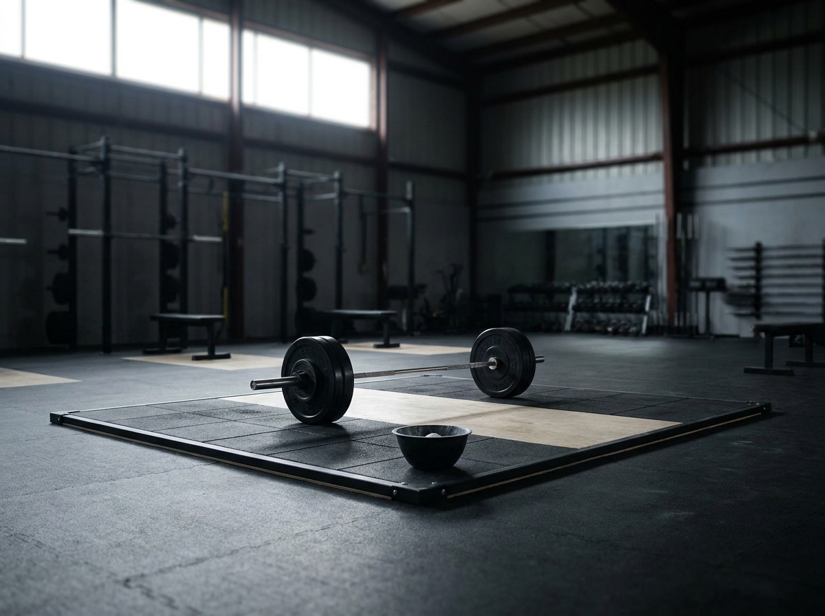 A competition-ready barbell on a lifting platform before a weightlifting event.