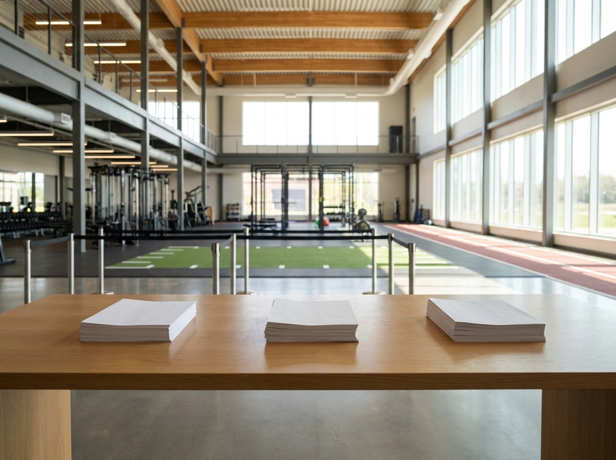 An organized registration desk set up for a weightlifting event.
