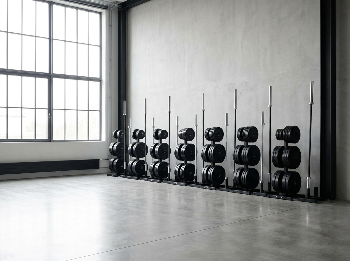 A collection of barbells organized on racks, representing equipment for a weightlifting event.
