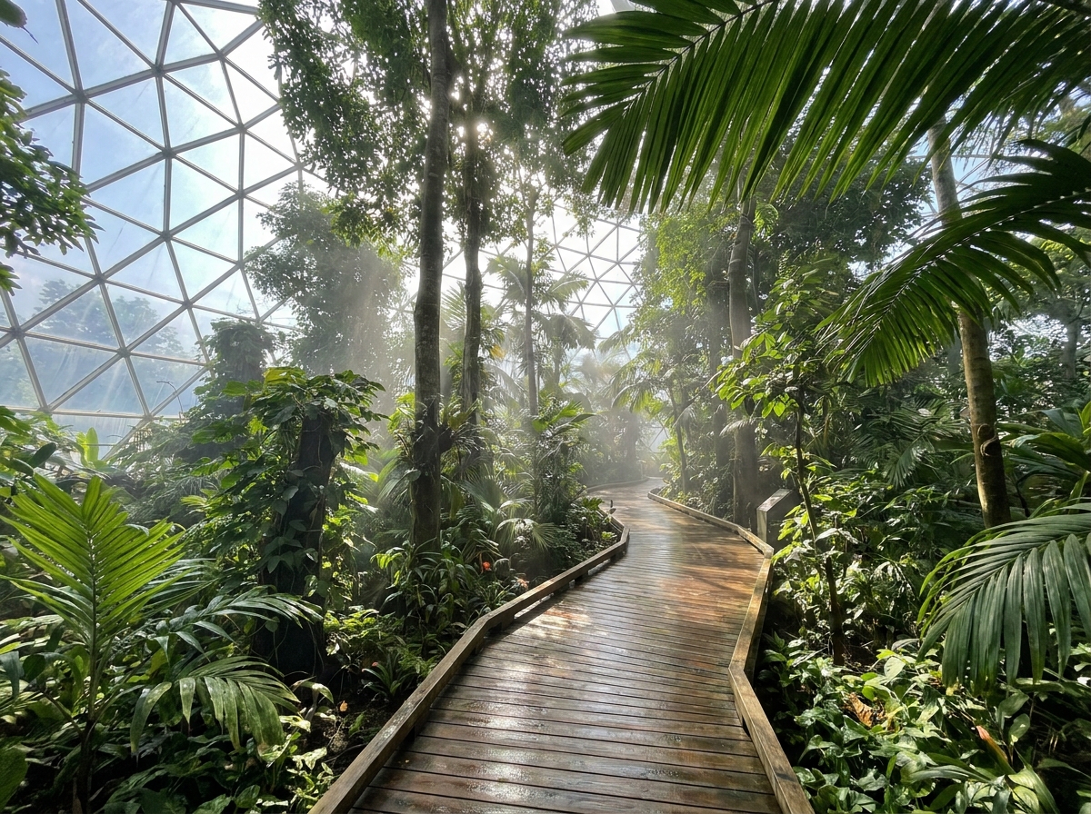 A winding boardwalk through a verdant rainforest exhibit, perfect for a nature experience.