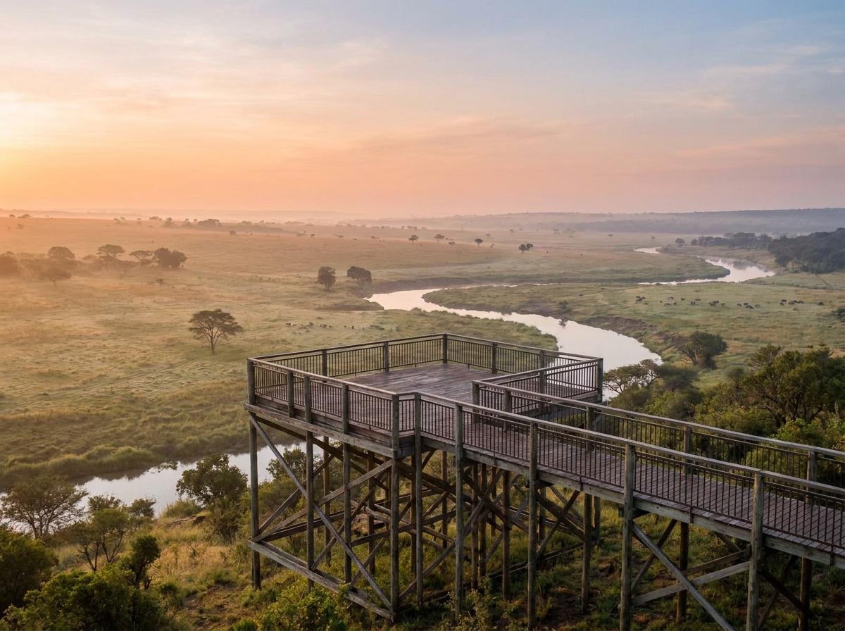 An empty viewing platform overlooking a serene wildlife habitat at a park.