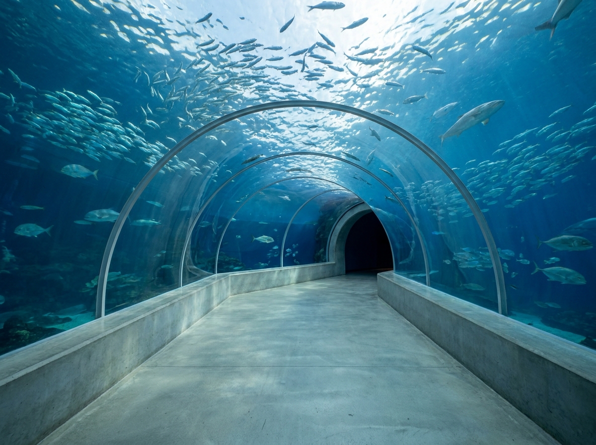 An empty underwater viewing tunnel at an aquarium, showcasing a marine life experience.