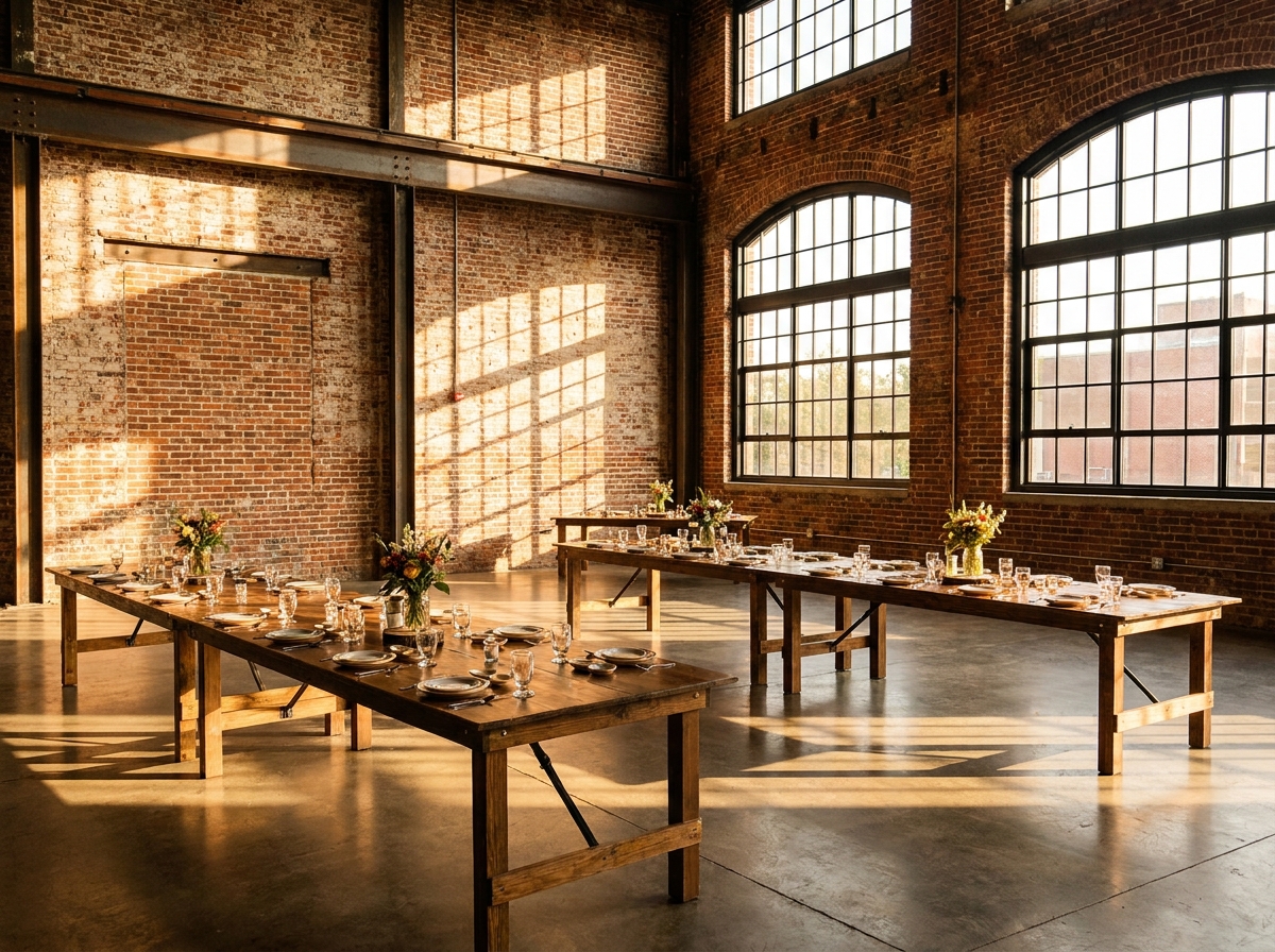 An industrial event space in Wilmington set up for a food and drink event.