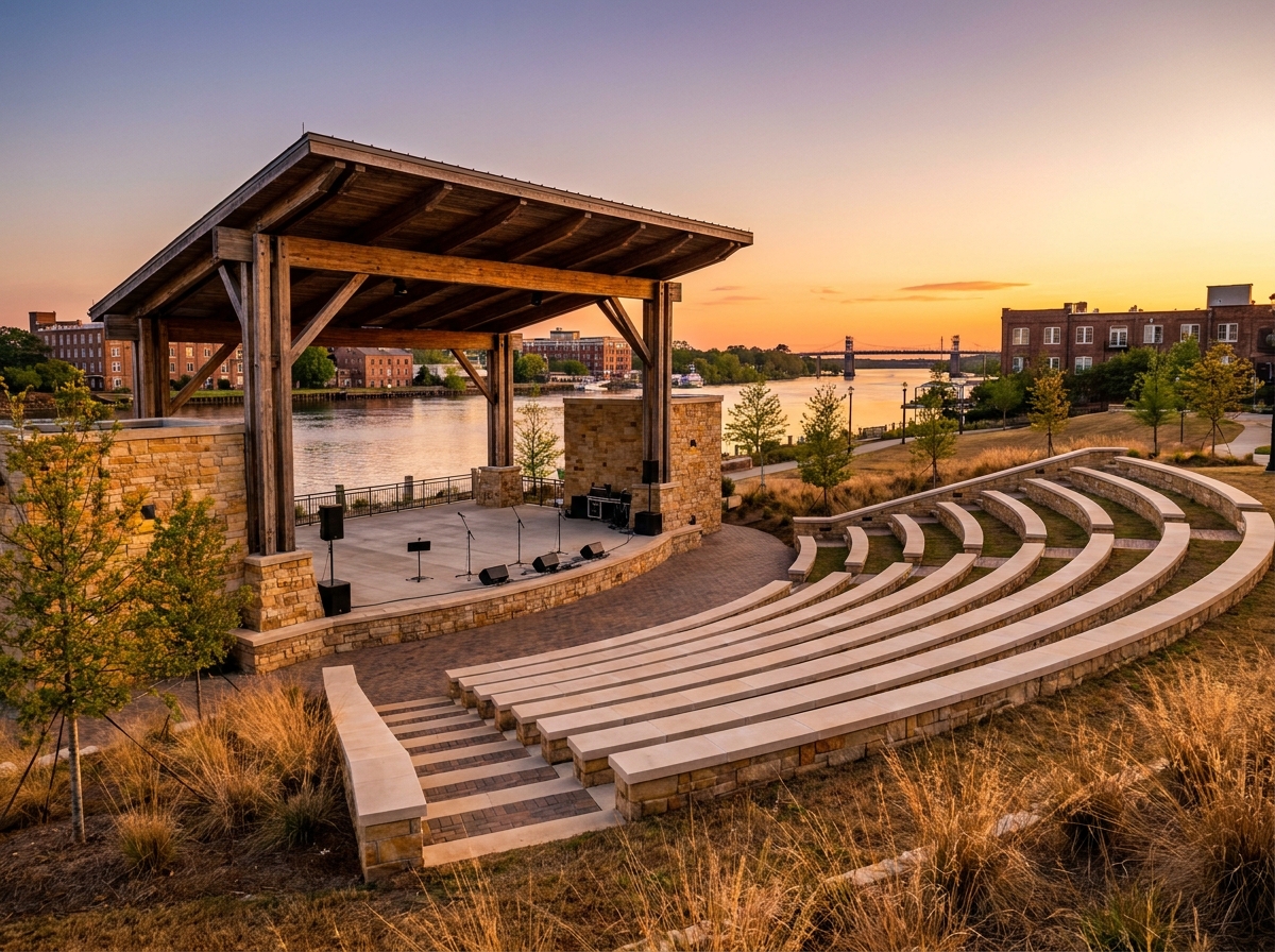 An empty outdoor amphitheater in Wilmington prepared for a live performance.