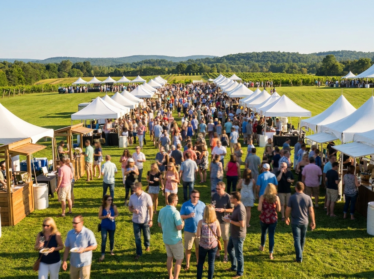 A large, happy crowd enjoying an outdoor wine festival on a sunny day.