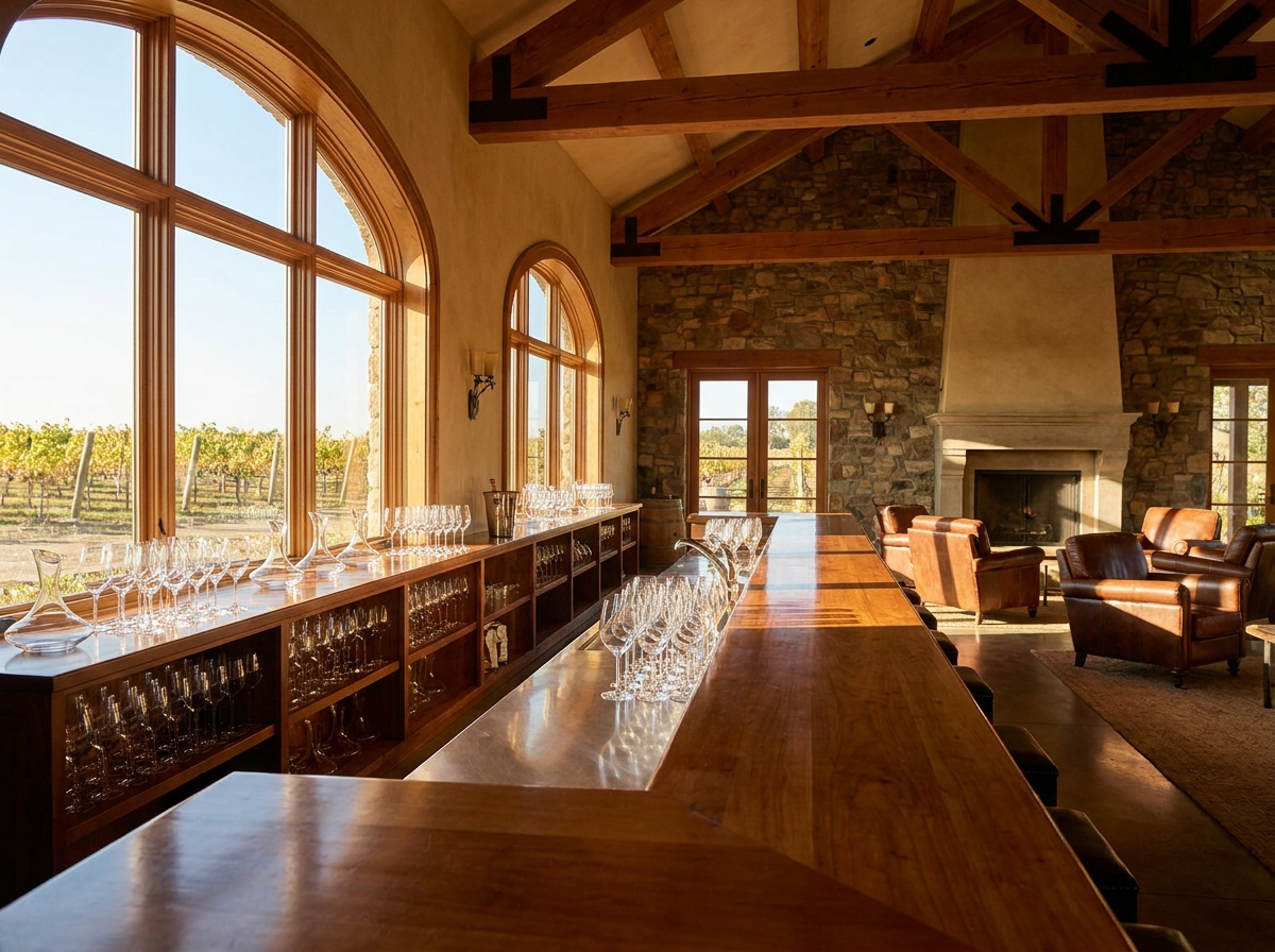 A modern winery tasting room with glasses lined up, prepared for a wine tasting event.