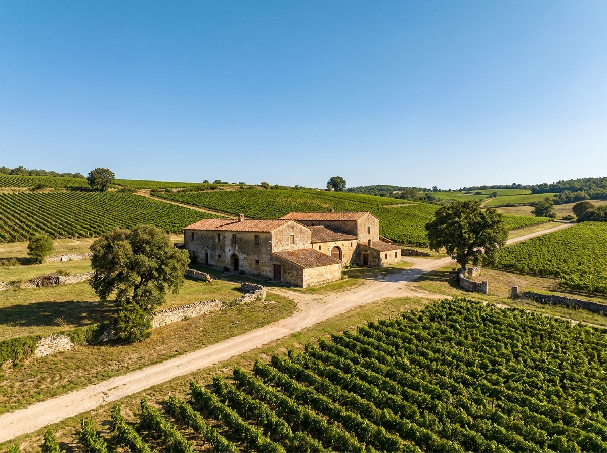 A scenic view of a stone winery nestled in a vineyard, a perfect venue for a wine event.