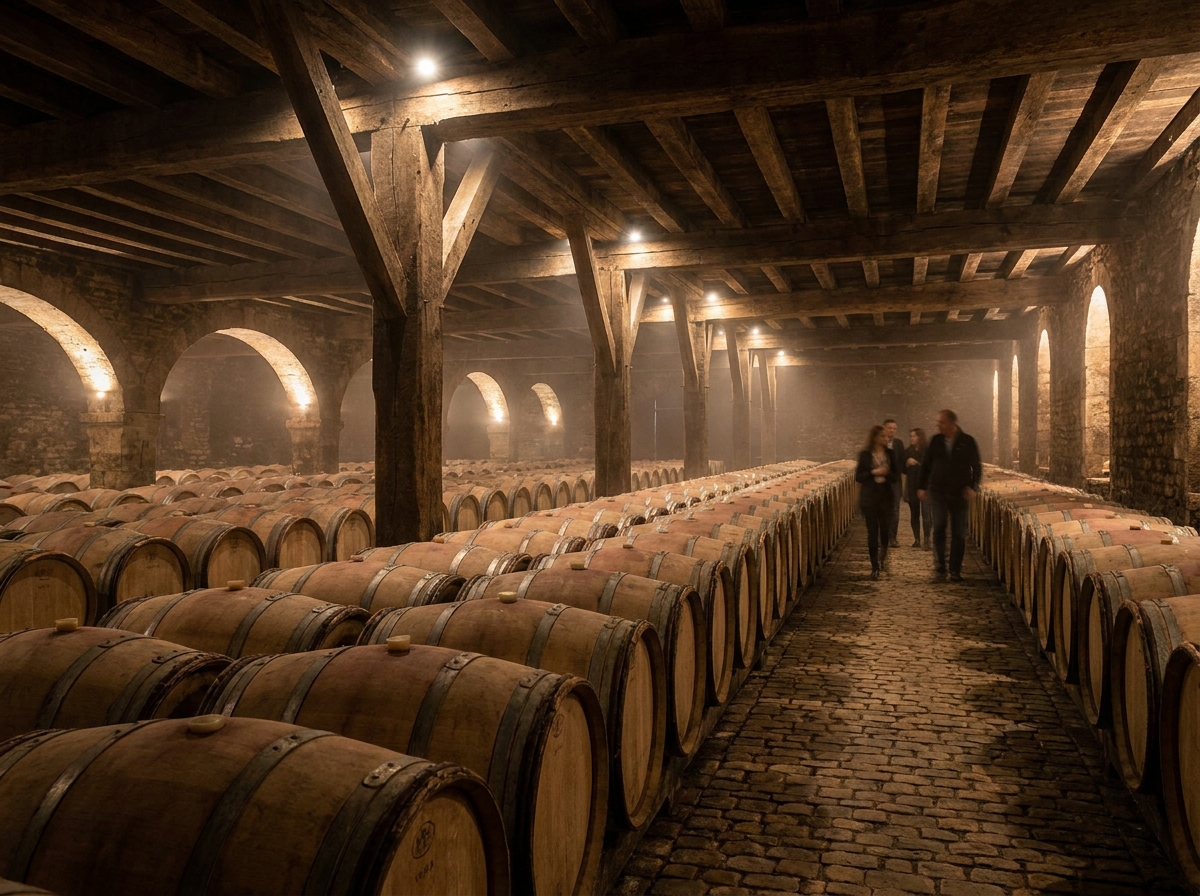 A wine cellar with wooden barrels aging wine, a setting for an exclusive tasting.