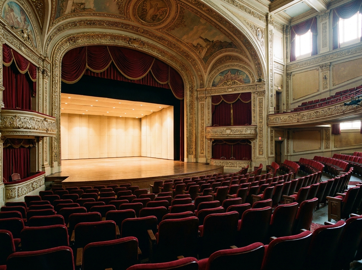 An empty, lit stage in a historic theatre, ready for a performance in Winnipeg.