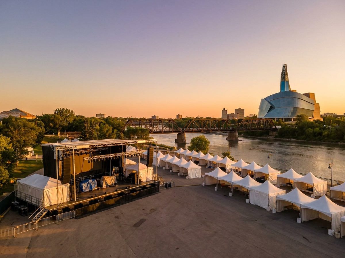 An outdoor festival space at The Forks in Winnipeg prepared for an event.