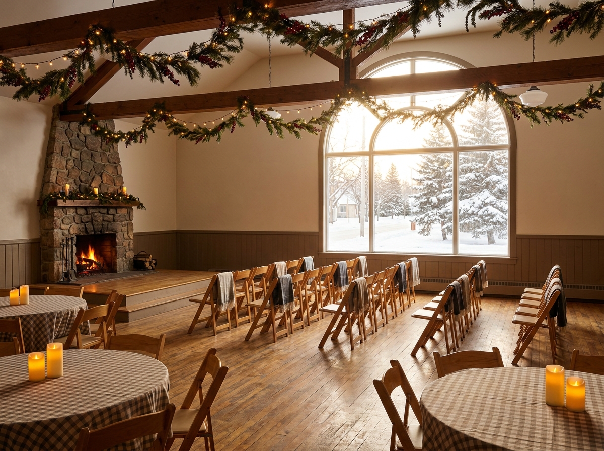 An indoor community event space in Winnipeg set for a winter gathering.