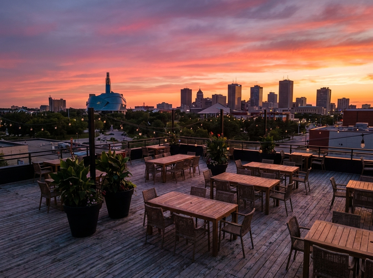 An empty rooftop venue in Winnipeg prepared for an evening event.