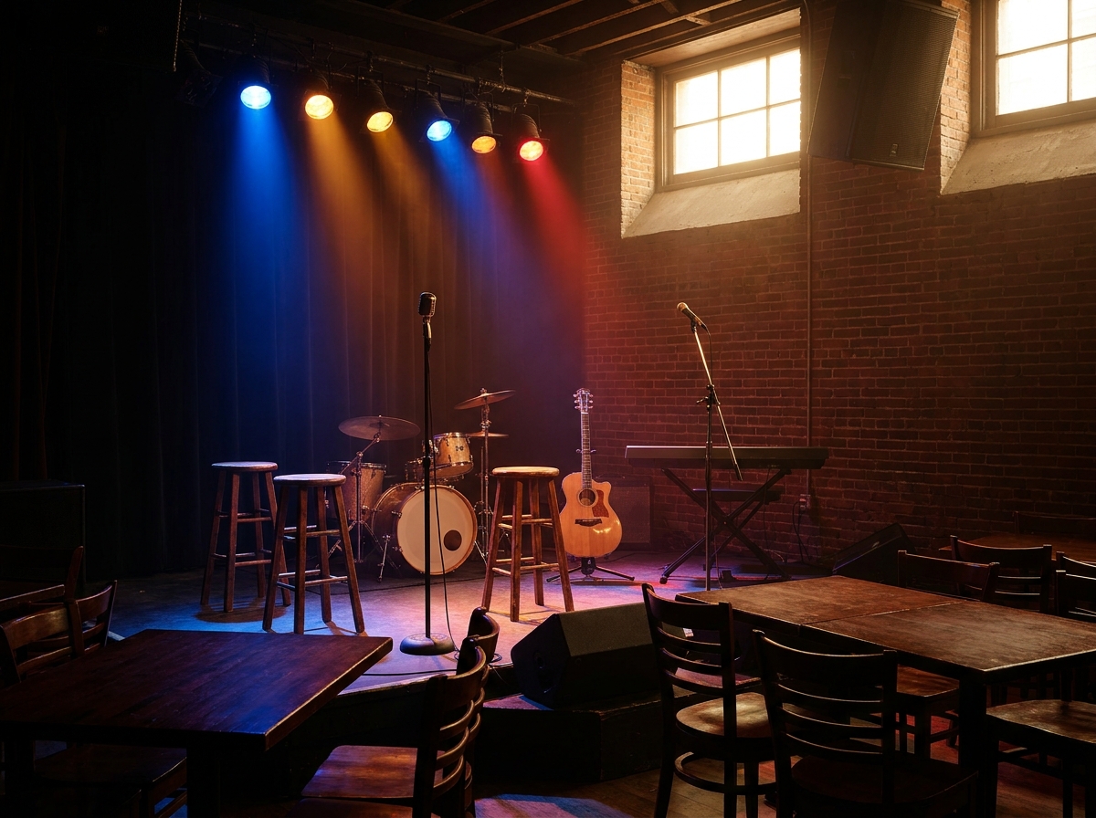The stage at a music venue in Worcester before a show.