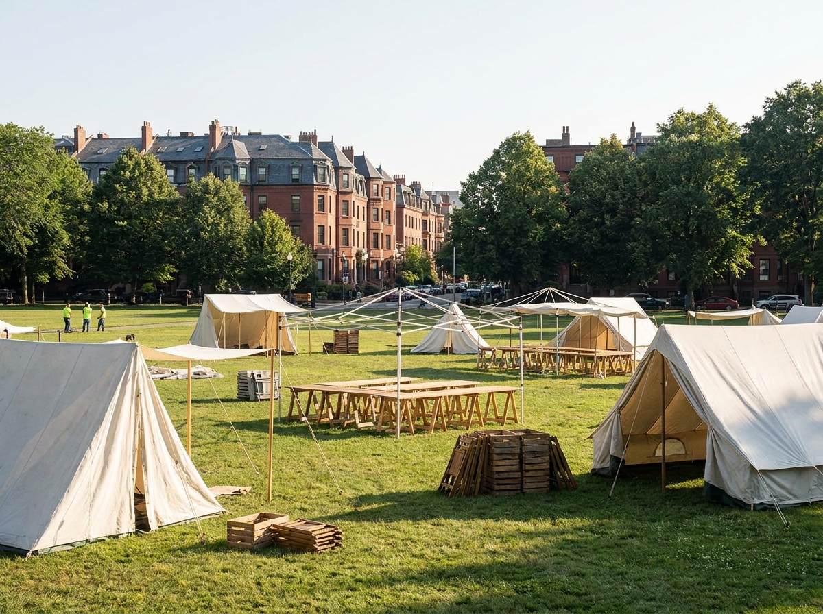 An outdoor festival being set up in a Worcester park.