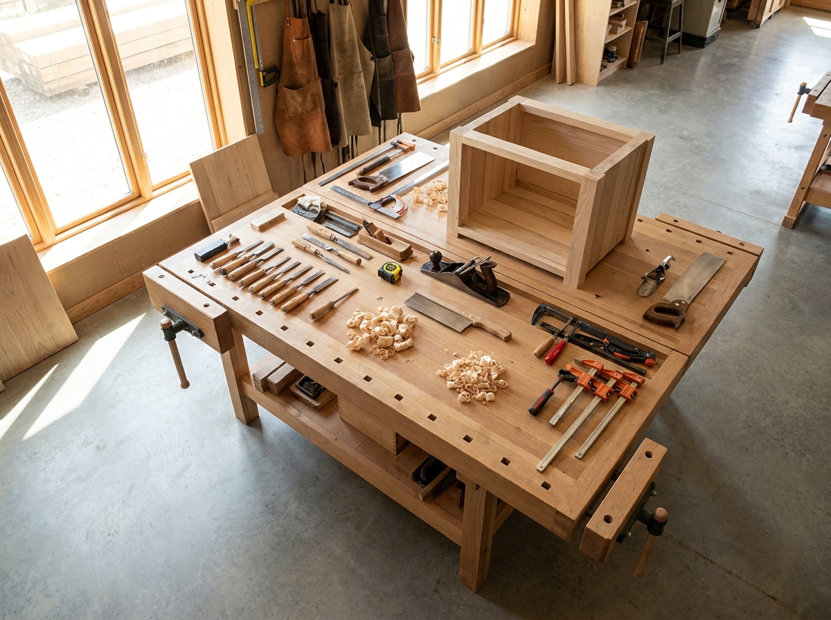 Tools and materials laid out for a woodworking skills workshop.