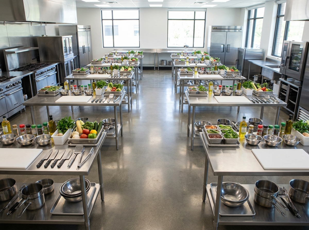 An empty professional kitchen ready for a cooking workshop.