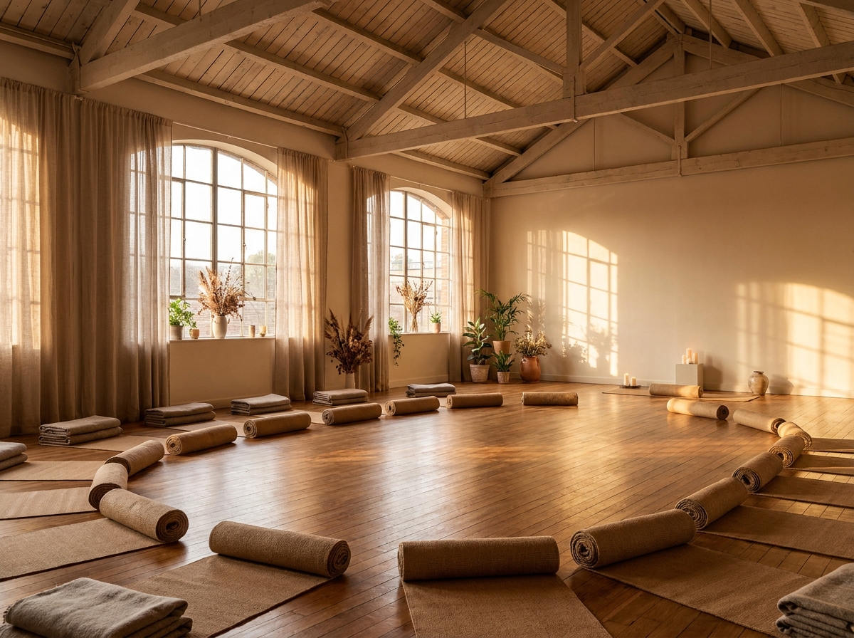 An empty yoga studio with mats ready for a wellness workshop.