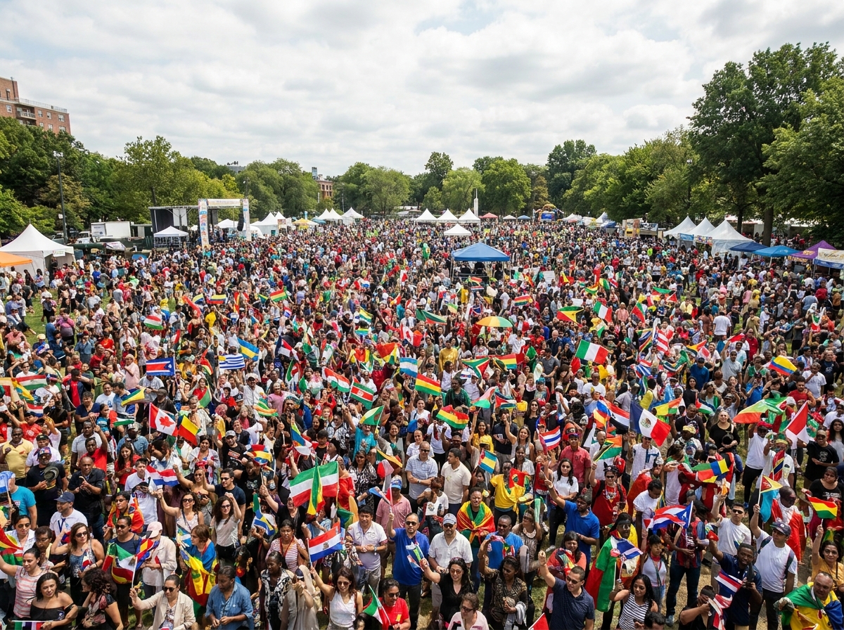 A diverse crowd of people at a world event, many holding international flags.