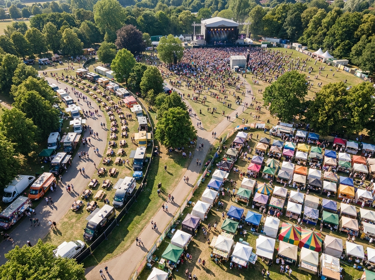 Aerial view of a bustling world event showing stages, food vendors, and a marketplace.