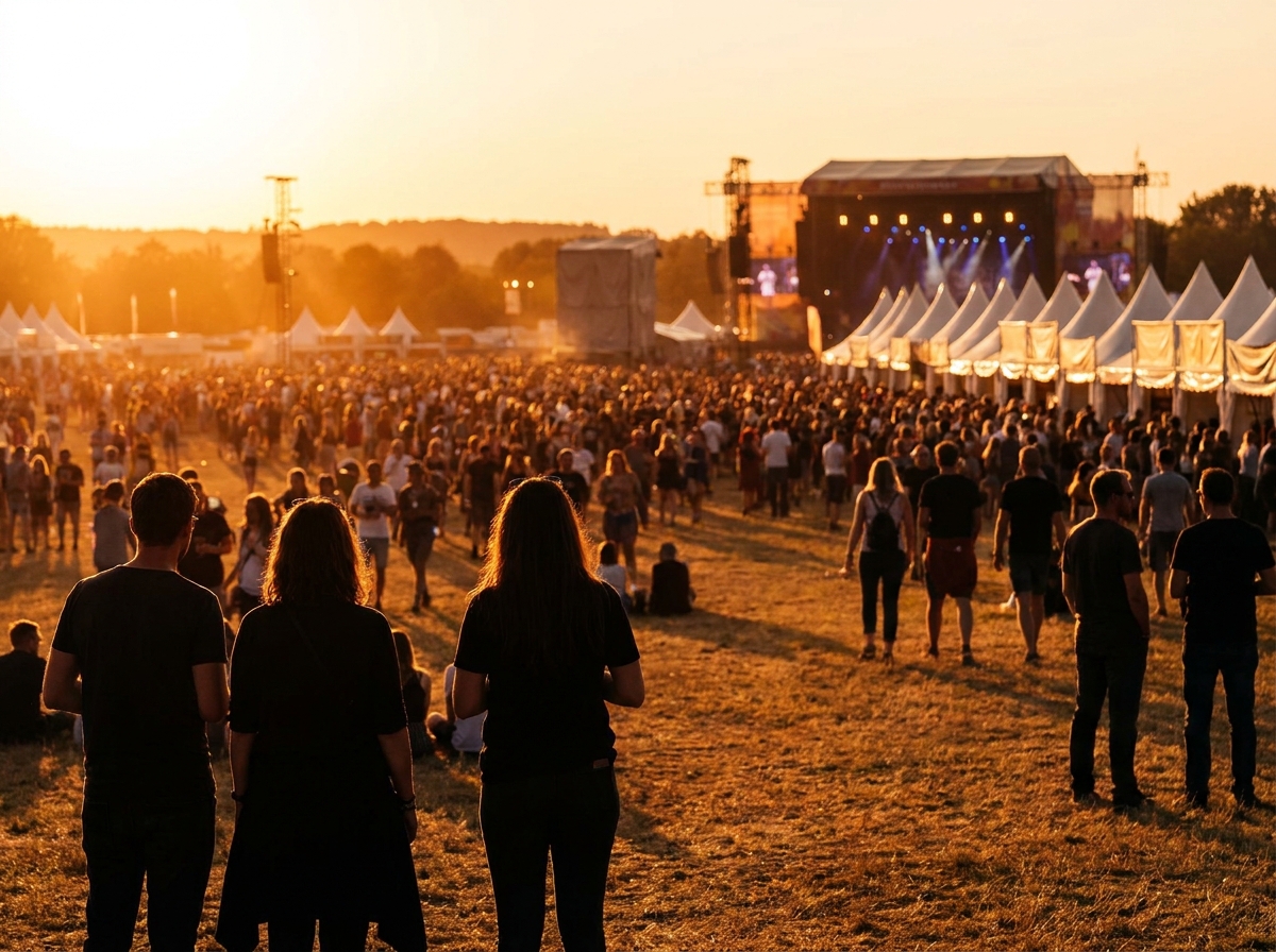 Attendees watching a distant stage at a world event during golden hour.