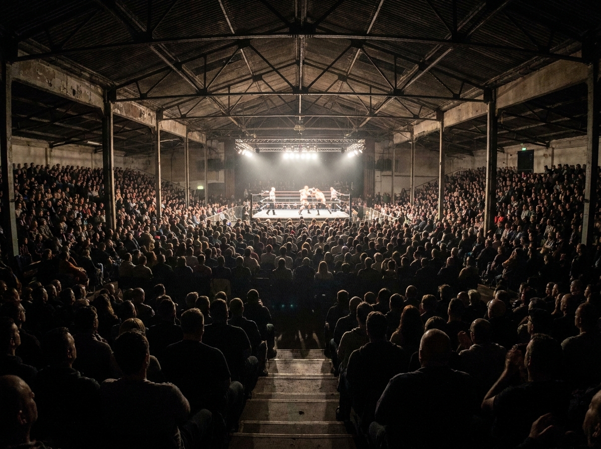 A crowd of spectators watching a wrestling match in a packed arena.