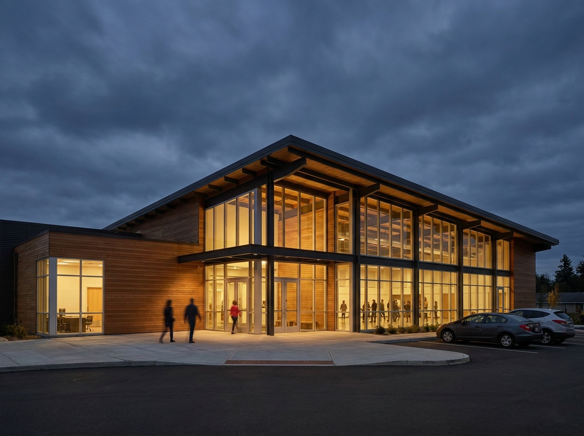 The outside of an event hall at dusk, prepared for a wrestling event.