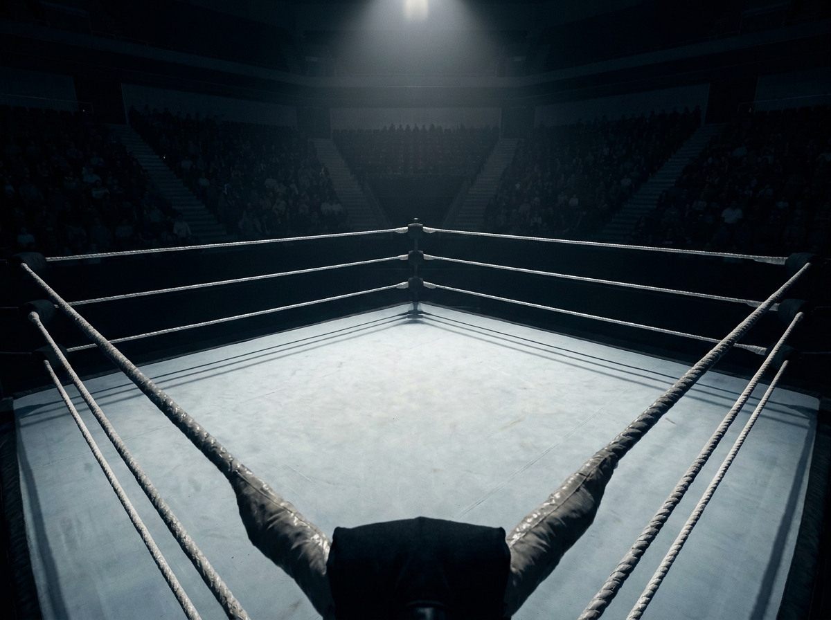 A close-up shot of the ropes and canvas of a professional wrestling ring.