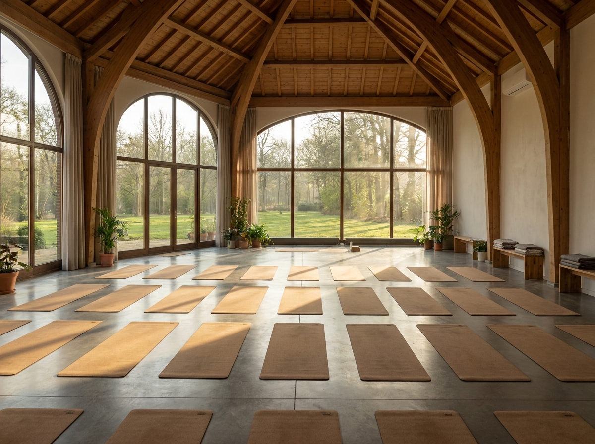 An empty, sunlit yoga studio prepared for a yoga class.