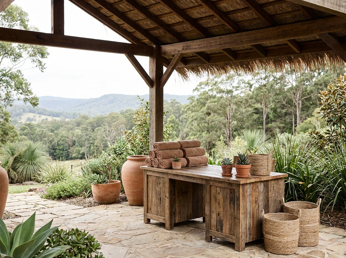 The tranquil registration desk at a yoga retreat venue.