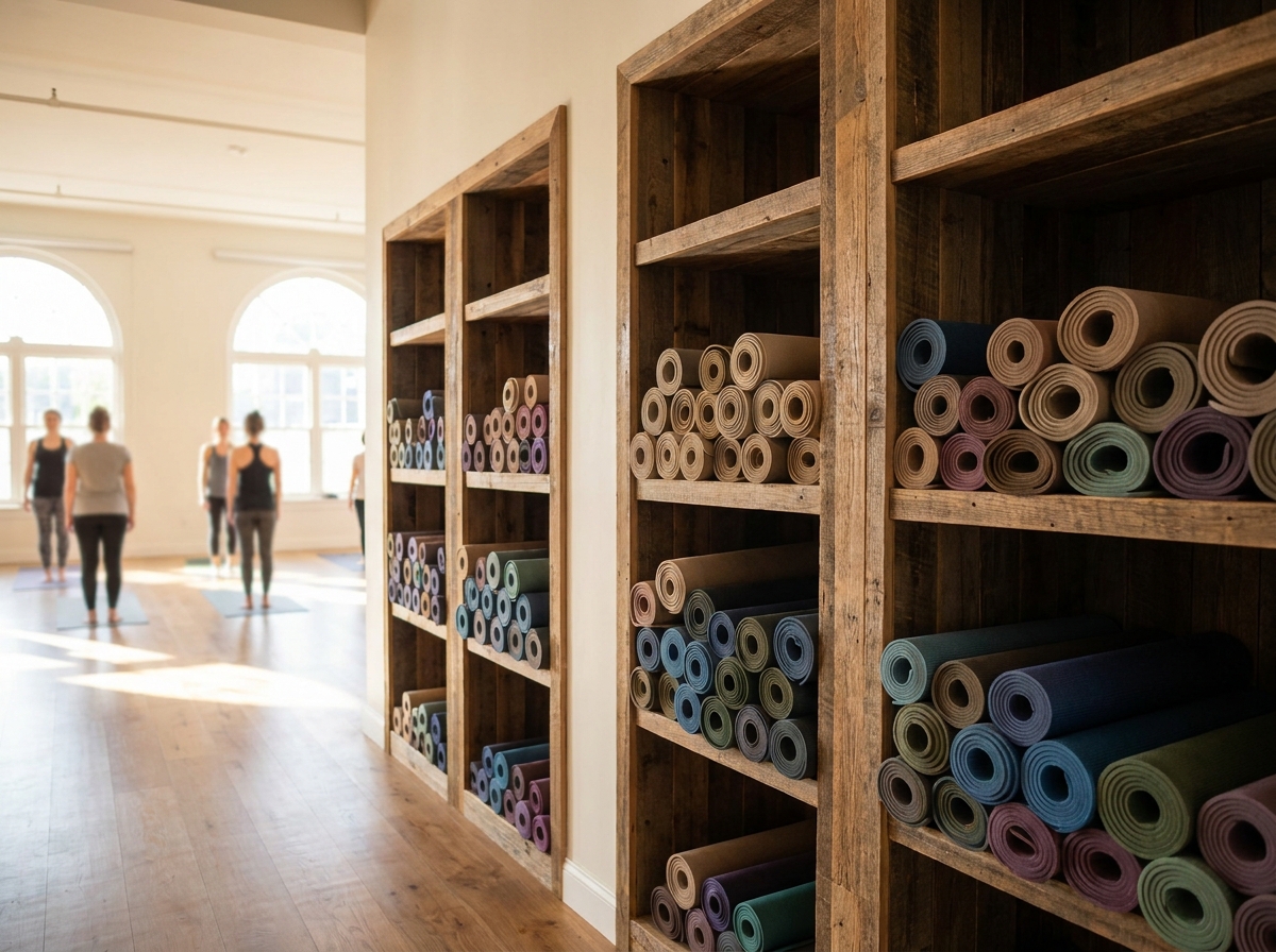 Colorful yoga mats stacked neatly on shelves in a studio.