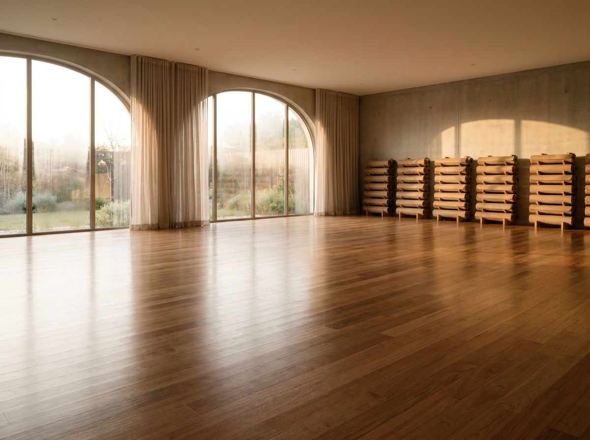 An empty, peaceful yoga studio prepared for a class.