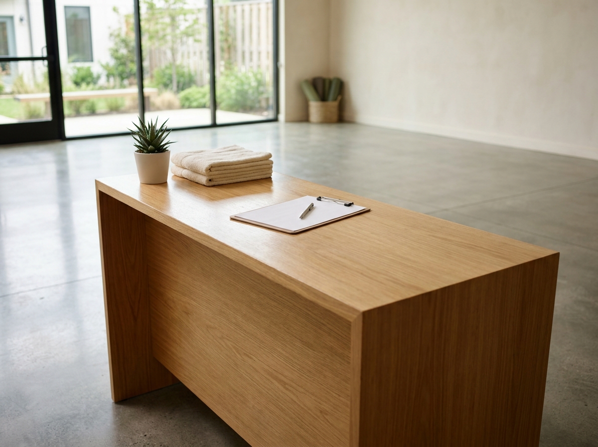 The tranquil check-in area of a modern yoga studio.