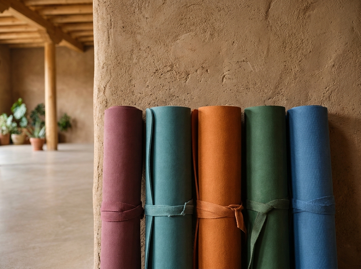 A collection of colorful, rolled-up yoga mats ready for use.